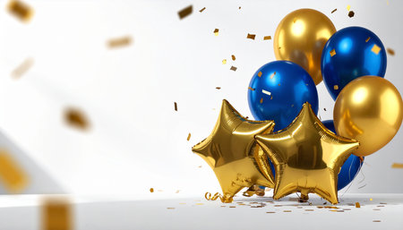 3d render of golden and blue balloons and confetti on white backgroundの素材