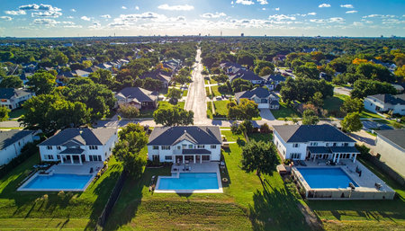 Aerial view of a residential neighborhood in the U.S.A.の素材