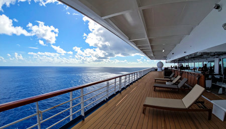View from the deck of a cruise ship on the surface of the ocean.の素材