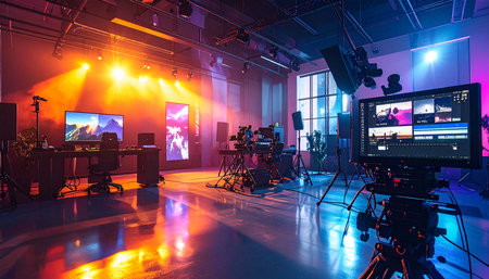 Professional video editing studio with professional equipment and lighting equipment. Colorful lighting effect.の素材