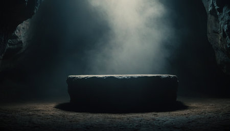 Empty stage in the dark cave. Dark room with spotlight and smokeの素材