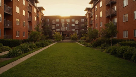 A beautiful shot of a green lawn in a residential area at sunsetの素材