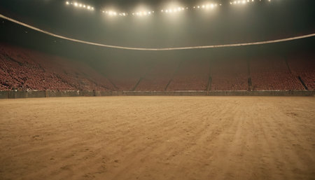 Horizontal view of empty arena for soccer match with floodlights and copy spaceの素材