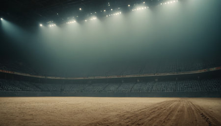 Baseball arena with floodlights and empty seats. Blurred backgroundの素材