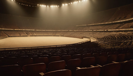 Empty seats in the auditorium of a sports arena. Night sceneの素材