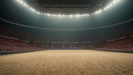 Empty arena with red seats and spotlights at night. Long exposureの素材