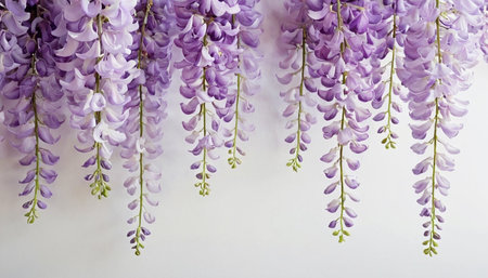purple wisteria flowers on a white background with copy spaceの素材