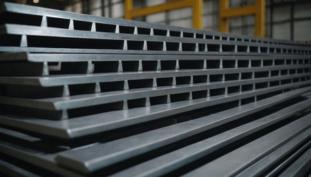 Metal profile beam in packs at the warehouse of metal products, Russiaの素材