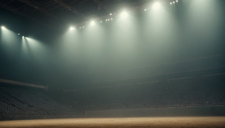 Sports arena with floodlights, floodlights and smoke on the floorの素材