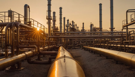 Pipeline in petrochemical plant at sunset, industry backgroundの素材