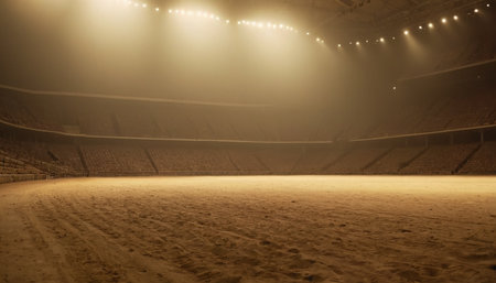 sport arena with floodlights and sand on the floor, evening timeの素材