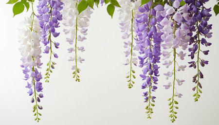 Wisteria flowers on white background. Floral background. Close up.の素材