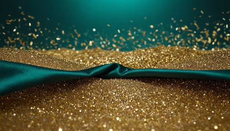 Gold glitter and green satin background. 3d rendering, 3d illustration.の素材