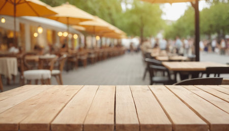 Empty wooden table and Coffee shop blur background with bokeh image.の素材