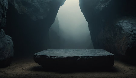 Empty stone platform in dark cave. 3D render. Halloween conceptの素材