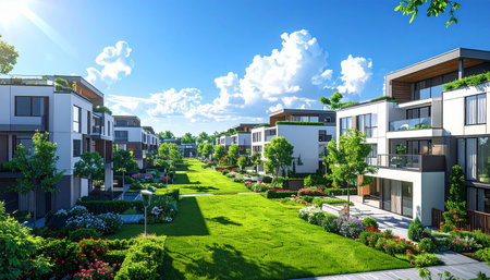 Modern apartment buildings with garden on sunny day. Perspective view of new luxury house complex.の素材