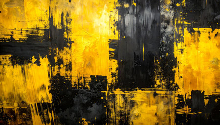 Grunge abstract background with black and yellow paint splashes.の素材
