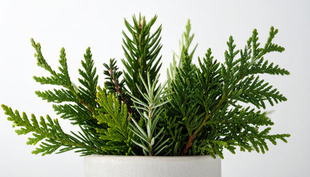 Green thuja branches in a vase on a white backgroundの素材