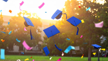 Graduation caps flying in the air with confetti in the backgroundの素材