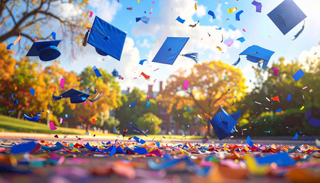 Graduation cap flying in the air with confetti. 3d renderingの素材