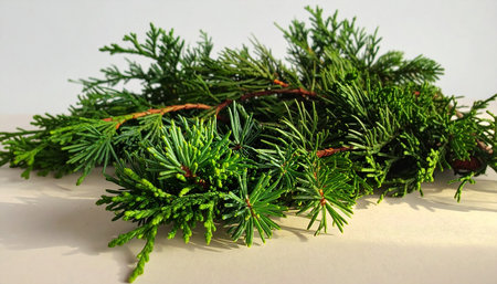 christmas decoration with green twigs of juniper on a white backgroundの素材