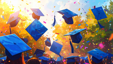 Graduation caps flying in the air. Education concept. 3D Renderingの素材