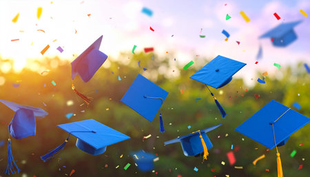 Graduation caps flying in the air with confetti. 3d renderingの素材