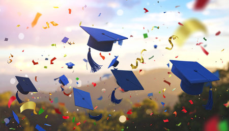 Graduation cap and confetti against blue sky with clouds 3dの素材
