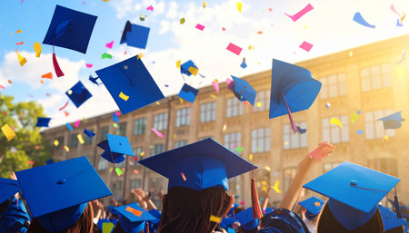 graduates throwing hats in the air during the graduation ceremony at the universityの素材