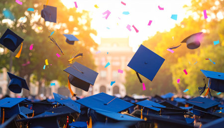 Graduation caps flying in the air with confetti in the backgroundの素材