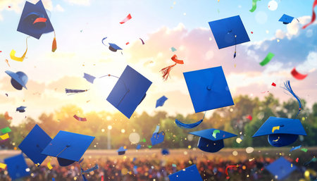 Graduation caps flying in the air. 3d rendering toned imageの素材