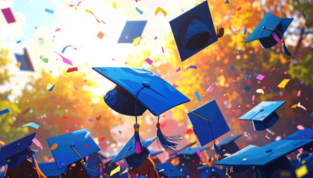 Graduates throwing mortarboard caps in the air. 3D renderingの素材