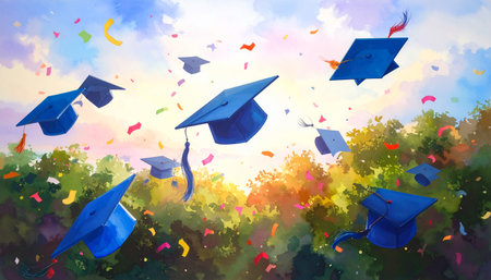 Graduation caps flying in the sky. Watercolor painting on canvas.の素材