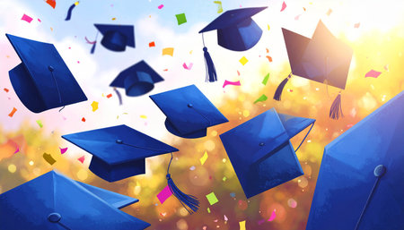 Graduation caps flying in the air. Education concept. 3D Renderingの素材