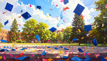 Colorful confetti flying in the air. Celebration of graduation.の素材