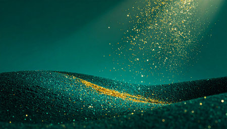 golden glitter on green background. 3d rendering, 3d illustration.の素材