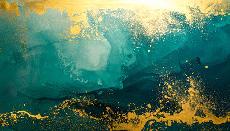 Blue and gold abstract acrylic background. Marbling artwork texture. Agate ripple pattern. Gold powder.の素材