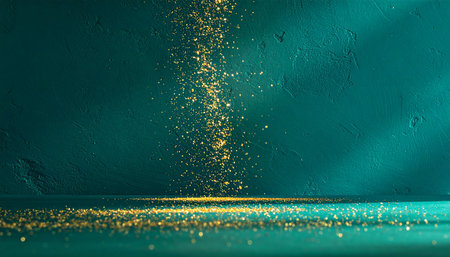 golden glitter lights on turquoise background. abstract background.の素材
