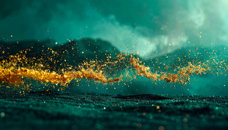 3d rendering of a golden water splash on a dark background.の素材