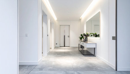 Interior of modern house, hallway with white walls, concrete floorの素材