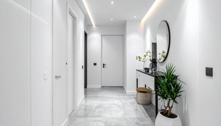 Interior of a modern bathroom with white walls and floor. Nobody insideの素材