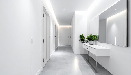 Interior of modern bathroom with white walls, concrete floor. Nobody insideの素材