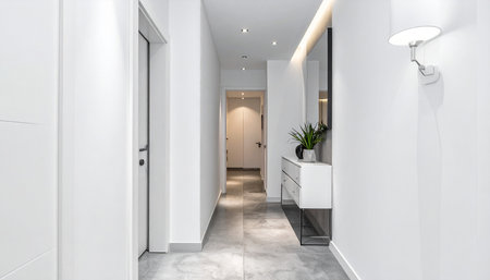 Interior of a modern bathroom with white walls and concrete floor. Nobody insideの素材