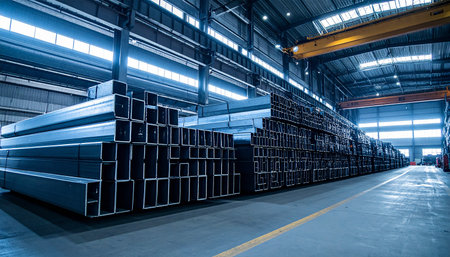 Interior of a modern industrial warehouse, factory or warehouse. Industrial backgroundの素材