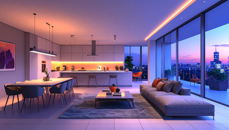 3d render of modern living room and dining room with night viewの素材