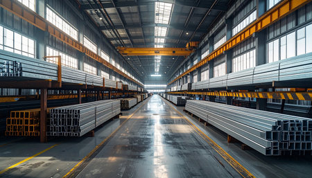 Interior of a large industrial warehouse with rows of windows and doorsの素材