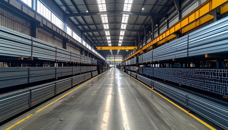 Metal profiles of different kinds are located in the metal products warehouse, Russiaの素材