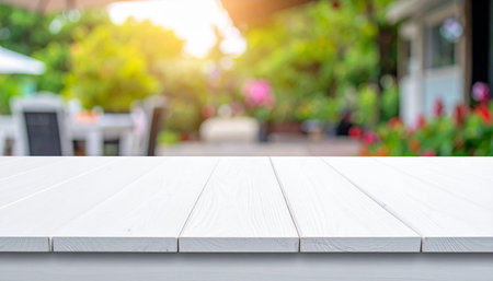 Empty white wooden table top over blur outdoor garden background, product display montageの素材