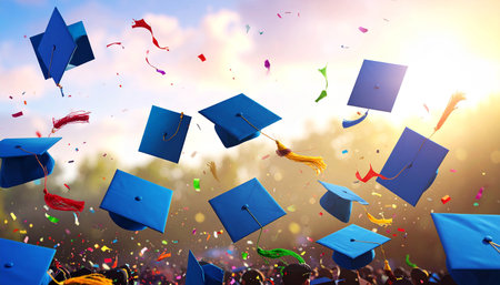Graduation hat with confetti on blurred background. Education concept. 3D Renderingの素材