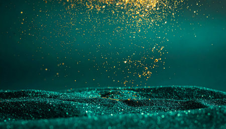 Glittering glitter particles on dark green background. 3d renderingの素材